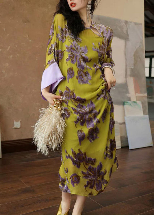 Vintage Green Embroidered Patchwork Chiffon Long Dress Spring UU1033 SH-LF-FDL240526