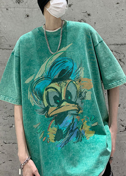 Green Neck Print Summer Shirt Mens Cotton T Vintage O FashionChic