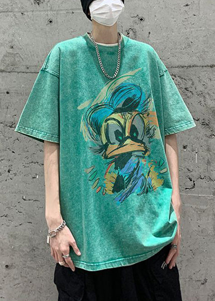 Green Neck Print Summer Shirt Mens Cotton T Vintage O FashionChic