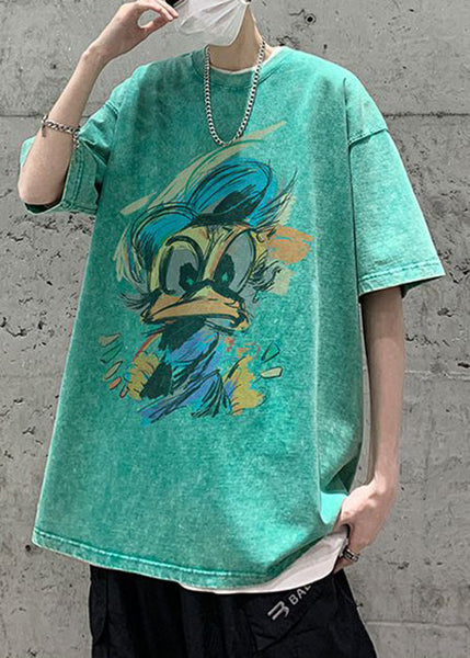 Green Neck Print Summer Shirt Mens Cotton T Vintage O FashionChic