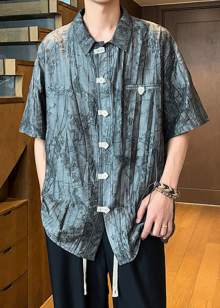 Vintage Green Peter Pan Collar Button Cotton Men Shirts Summer YT078 Men-Silk-MENSTP240721