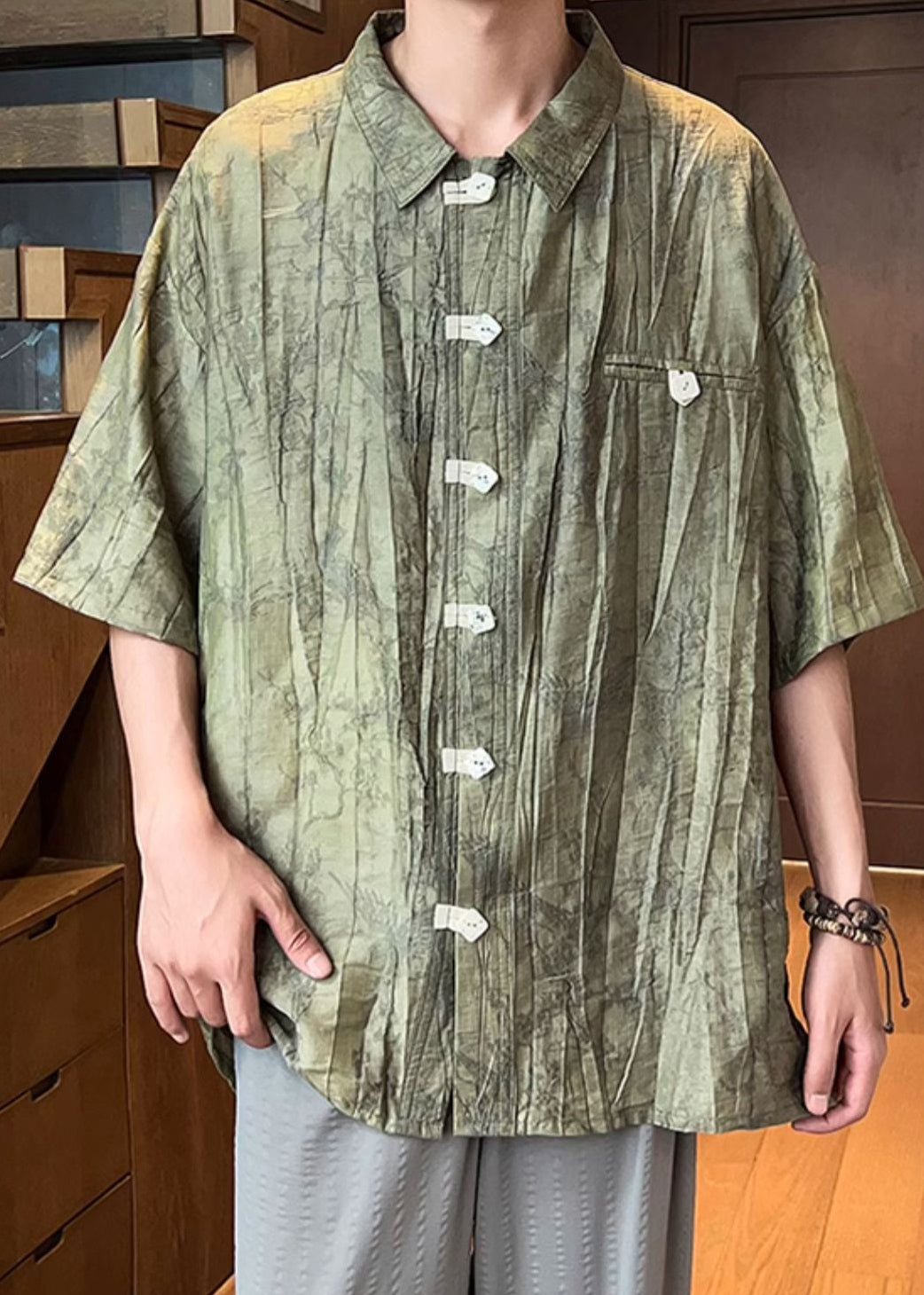 Vintage Green Peter Pan Collar Button Cotton Men Shirts Summer YT078 Men-Silk-MENSTP240721