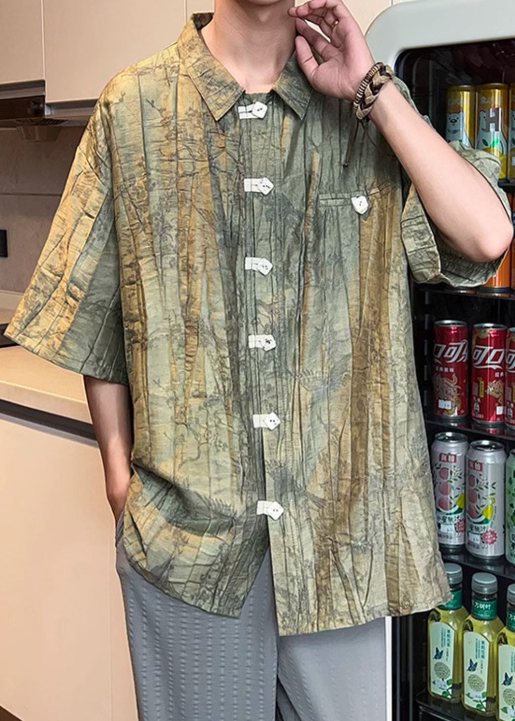 Vintage Green Peter Pan Collar Button Cotton Men Shirts Summer YT078 Men-Silk-MENSTP240721