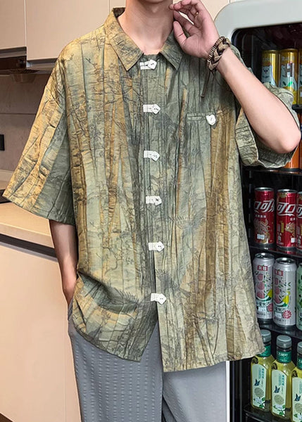 Vintage Green Peter Pan Collar Button Cotton Men Shirts Summer YT078 Men-Silk-MENSTP240721