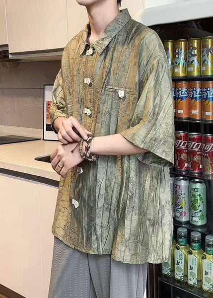 Vintage Green Peter Pan Collar Button Cotton Men Shirts Summer YT078 Men-Silk-MENSTP240721