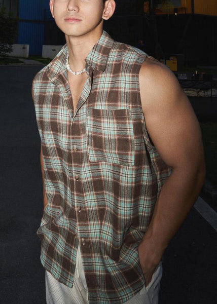 Pan Collar Peter Green Cotton Plaid Vintage Men Tank Sleeveless FashionChic