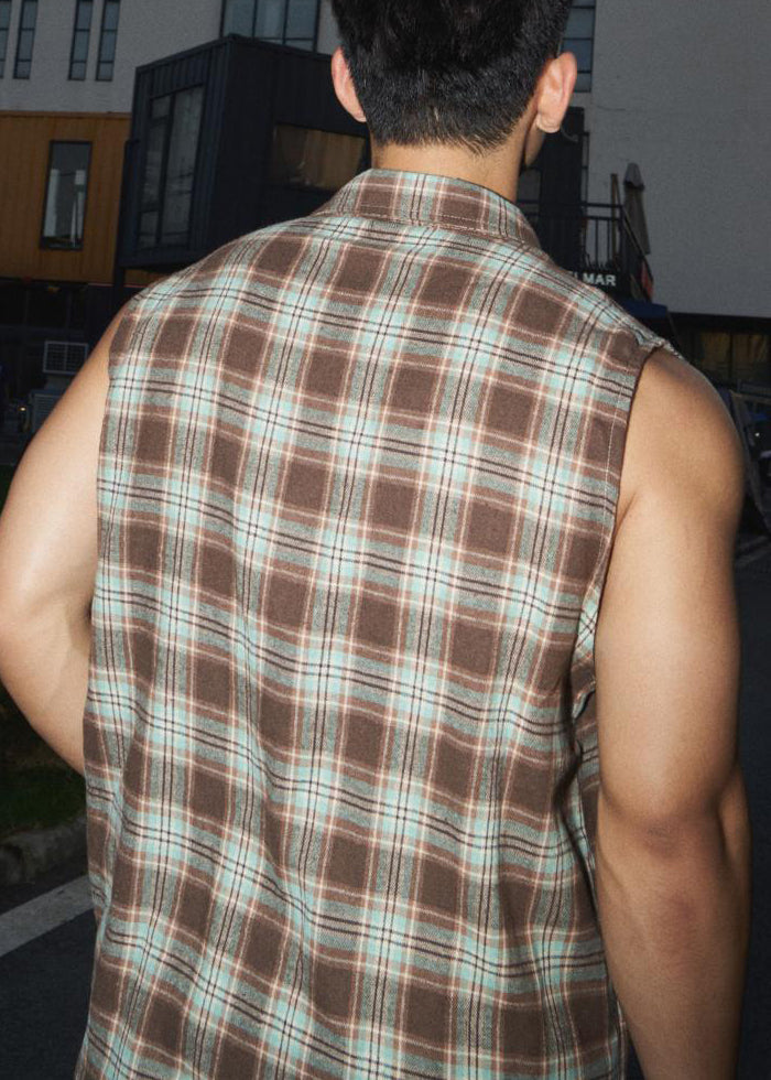 Pan Collar Peter Green Cotton Plaid Vintage Men Tank Sleeveless FashionChic