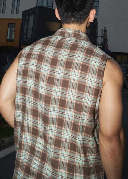 Pan Collar Peter Green Cotton Plaid Vintage Men Tank Sleeveless FashionChic