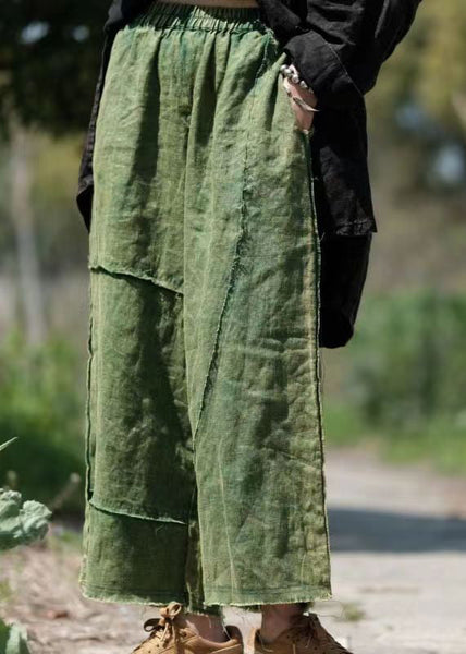 Vintage Green Pockets Elastic Waist Linen Crop Pants Summer VB1084 Ada Fashion