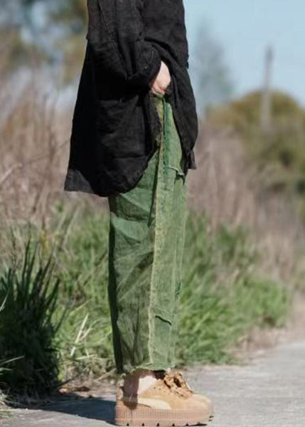 Vintage Green Pockets Elastic Waist Linen Crop Pants Summer VB1084 Ada Fashion