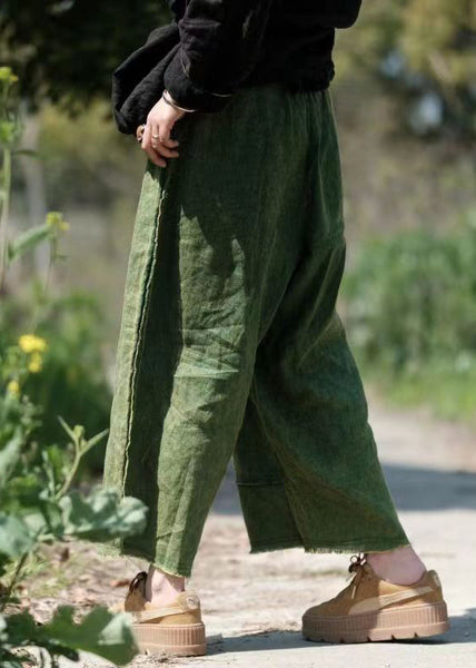 Vintage Green Pockets Elastic Waist Linen Crop Pants Summer VB1084 Ada Fashion