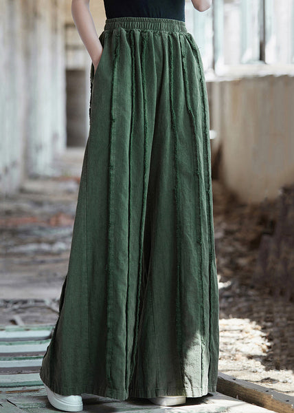 Vintage Green Pockets Elastic Waist Linen Pants Summer QE011 MZF-LPTS240927