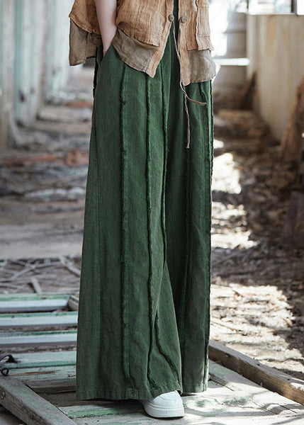 Vintage Green Pockets Elastic Waist Linen Pants Summer QE011 MZF-LPTS240927