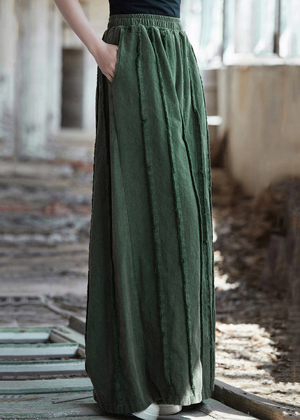 Vintage Green Pockets Elastic Waist Linen Pants Summer QE011 MZF-LPTS240927