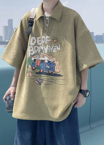 Print Shirts Vintage Summer Green Button Polo Cotton Mens FashionChic