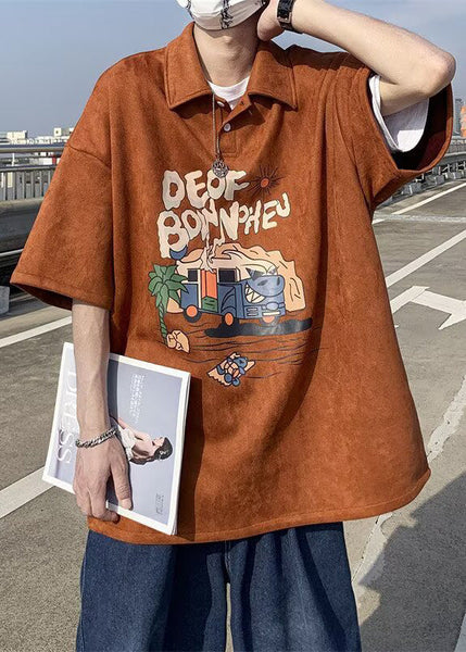 Print Shirts Vintage Summer Green Button Polo Cotton Mens FashionChic