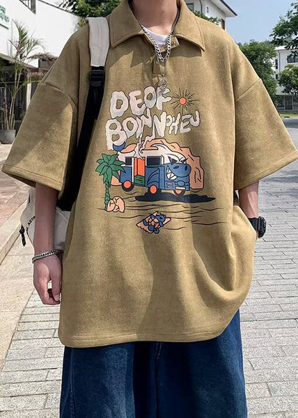 Print Shirts Vintage Summer Green Button Polo Cotton Mens FashionChic