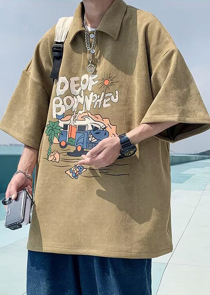 Print Shirts Vintage Summer Green Button Polo Cotton Mens FashionChic