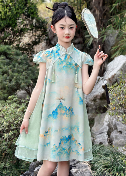 Vintage Green Print Chiffon Patchwork Kids Mid Dresses Short Sleeve MN029 MM-RCTZ-SDGM240701
