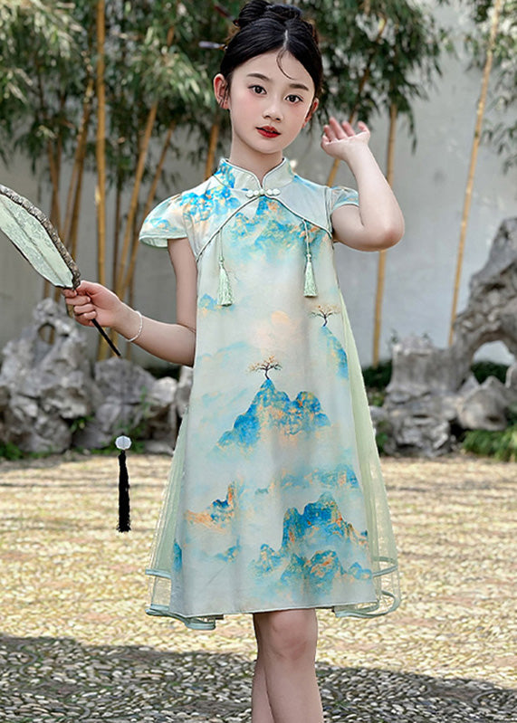 Vintage Green Print Chiffon Patchwork Kids Mid Dresses Short Sleeve MN029 MM-RCTZ-SDGM240701