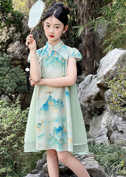 Vintage Green Print Chiffon Patchwork Kids Mid Dresses Short Sleeve MN029 MM-RCTZ-SDGM240701