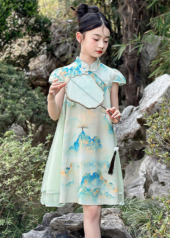 Vintage Green Print Chiffon Patchwork Kids Mid Dresses Short Sleeve MN029 MM-RCTZ-SDGM240701