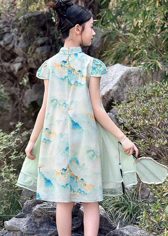 Vintage Green Print Chiffon Patchwork Kids Mid Dresses Short Sleeve MN029 MM-RCTZ-SDGM240701