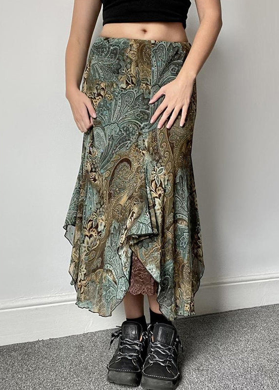 Vintage Print Patchwork Lace Green Skirts Summer FashionChic