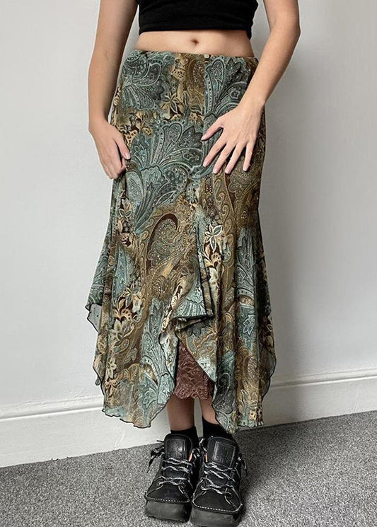 Vintage Print Patchwork Lace Green Skirts Summer FashionChic