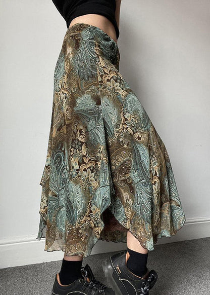 Vintage Print Patchwork Lace Green Skirts Summer FashionChic