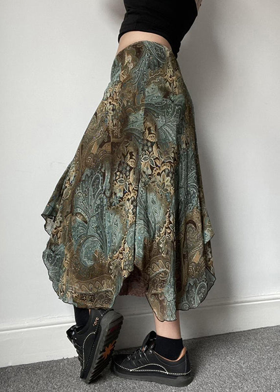 Vintage Print Patchwork Lace Green Skirts Summer FashionChic