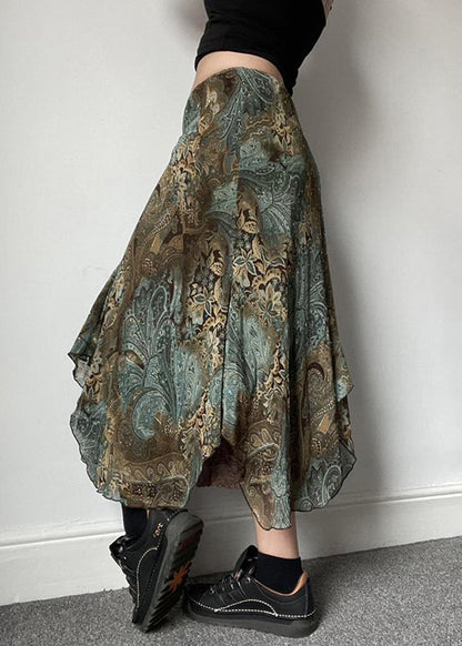 Vintage Print Patchwork Lace Green Skirts Summer FashionChic