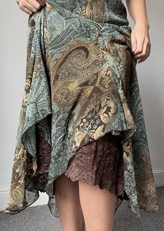 Vintage Print Patchwork Lace Green Skirts Summer FashionChic