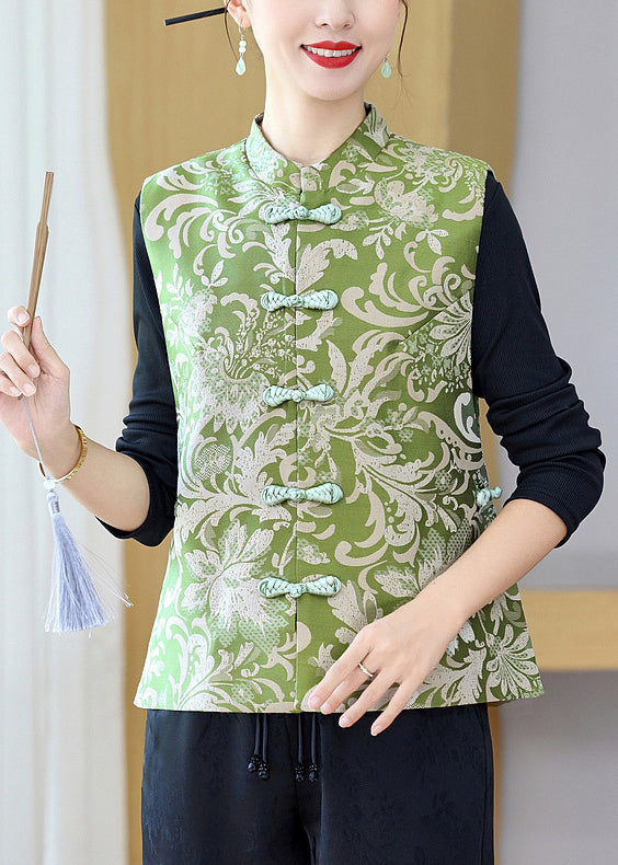 Vintage Green Stand Collar Print Button Silk Waistcoat Sleeveless QO013 MZF-CTS241008