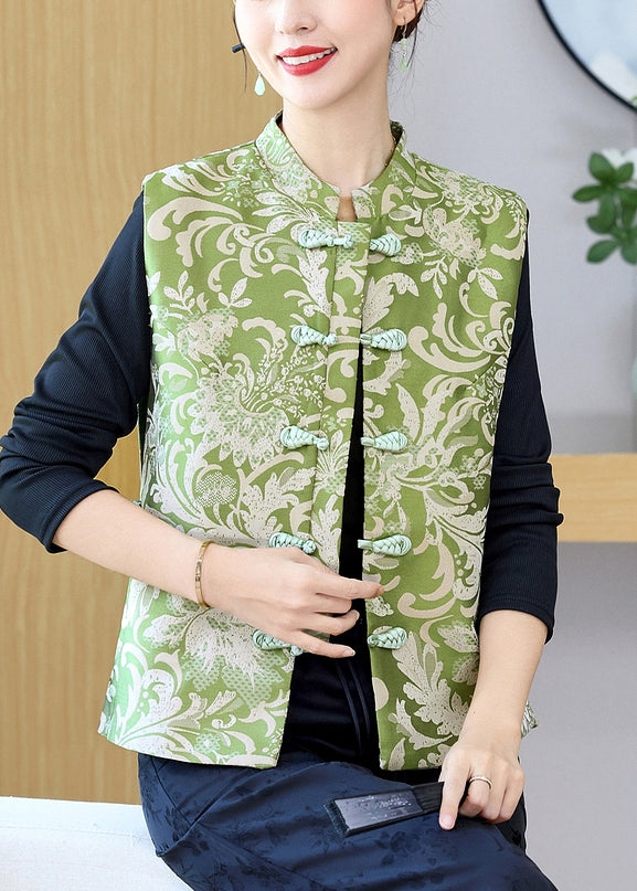 Vintage Green Stand Collar Print Button Silk Waistcoat Sleeveless QO013 MZF-CTS241008