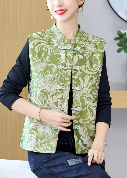 Vintage Green Stand Collar Print Button Silk Waistcoat Sleeveless QO013 MZF-CTS241008