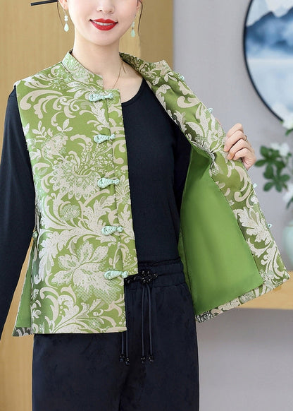 Vintage Green Stand Collar Print Button Silk Waistcoat Sleeveless QO013 MZF-CTS241008