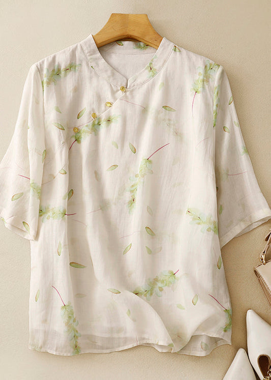 Vintage Green Stand Collar Print Linen Blouse Tops Summer AM1064 Genistyle Shop