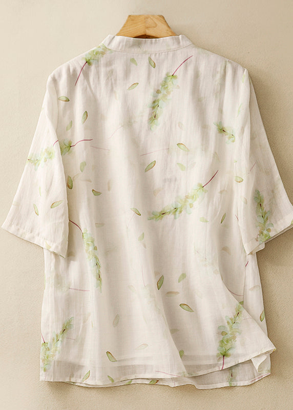 Vintage Green Stand Collar Print Linen Blouse Tops Summer AM1064 Genistyle Shop