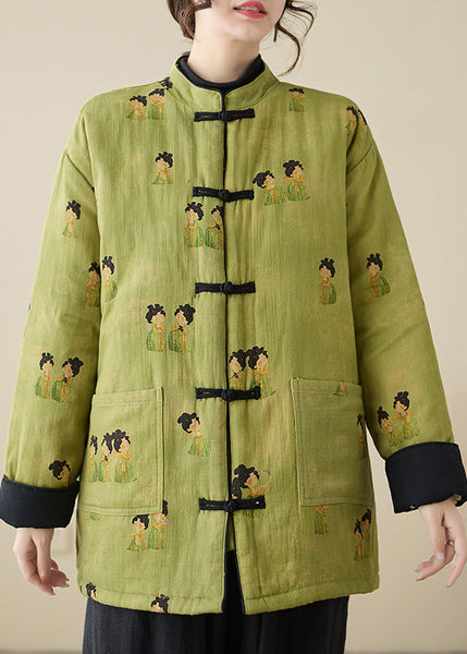 Vintage Green Stand Collar Print Pockets Parkas Winter QG001 OM-DJK241016
