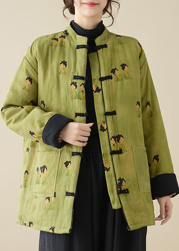 Vintage Green Stand Collar Print Pockets Parkas Winter QG001 OM-DJK241016