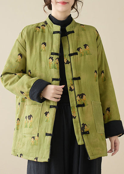 Vintage Green Stand Collar Print Pockets Parkas Winter QG001 OM-DJK241016