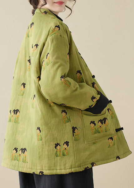 Vintage Green Stand Collar Print Pockets Parkas Winter QG001 OM-DJK241016
