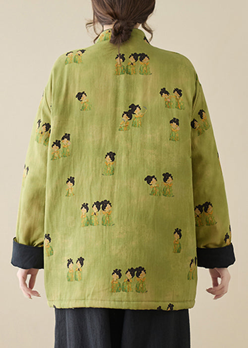 Vintage Green Stand Collar Print Pockets Parkas Winter QG001 OM-DJK241016