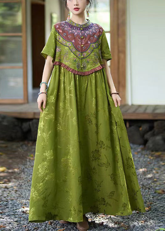 Vintage Green Stand Collar Ruffled Embroidered Silk Dresses Summer WW1018 Ada Fashion