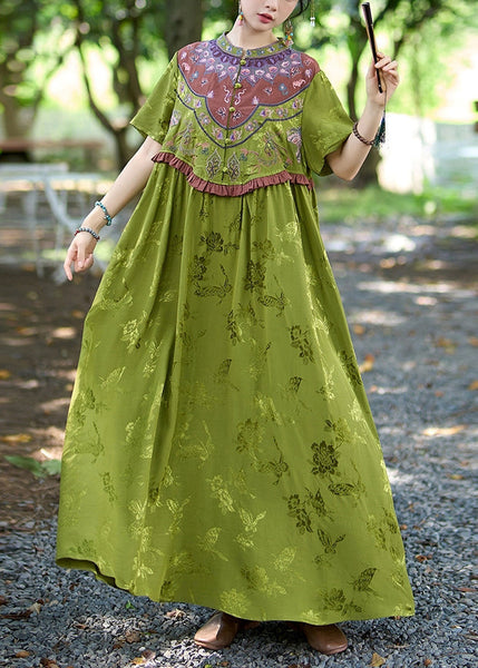 Vintage Green Stand Collar Ruffled Embroidered Silk Dresses Summer WW1018 Ada Fashion