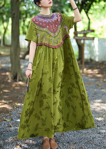 Vintage Green Stand Collar Ruffled Embroidered Silk Dresses Summer WW1018 Ada Fashion