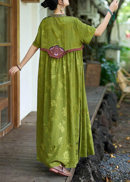 Vintage Green Stand Collar Ruffled Embroidered Silk Dresses Summer WW1018 Ada Fashion