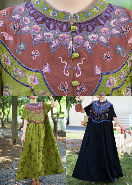 Vintage Green Stand Collar Ruffled Embroidered Silk Dresses Summer WW1018 Ada Fashion
