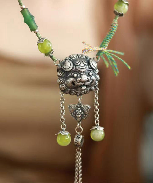 Vintage Green Sterling Silver Jade Tassel Lariat Necklace QJ051 JEW-NLC241021